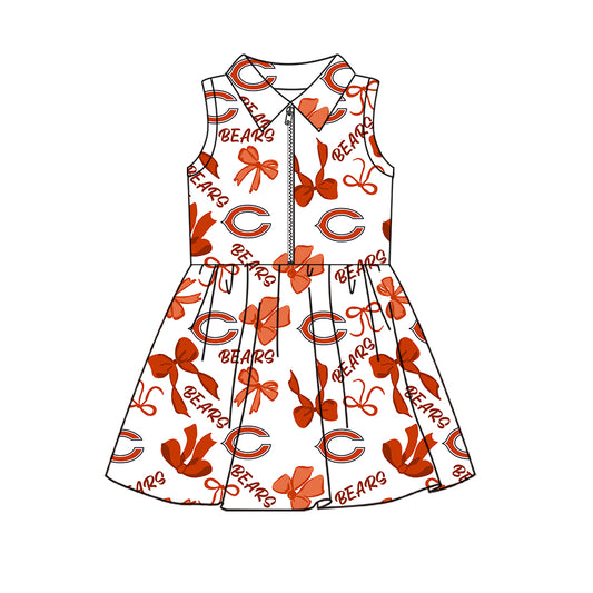 Preorder (moq 5)Baby Girls Sleeveless Bows Bears Team Zip Short Knee Length Dress