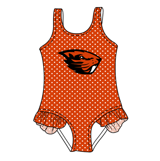 Preorder moq 5 Baby Girls Sleeveless Orange Polka Dots Team Swimsuits