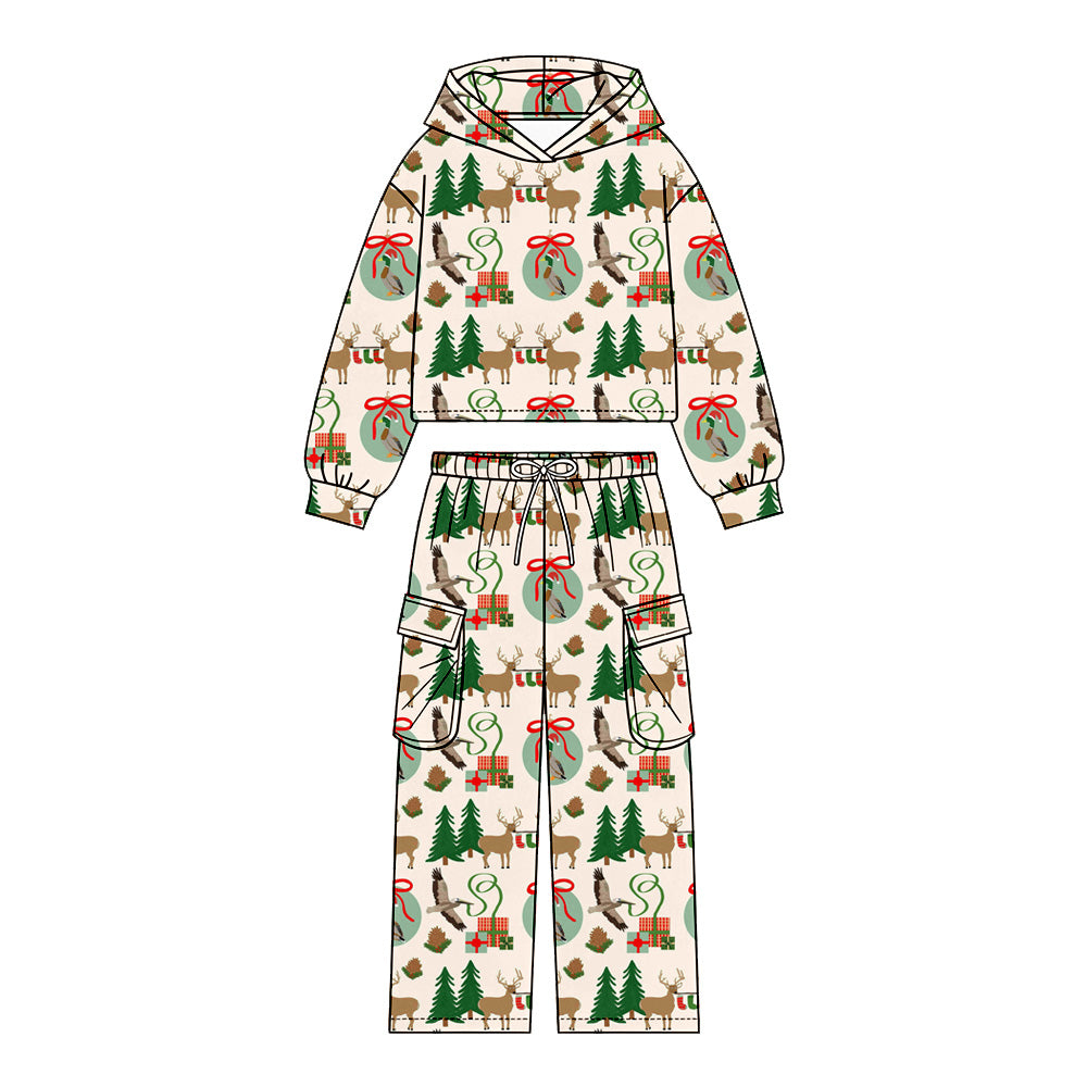 Preorder (moq 5)Baby Boys Trees Deer Ducks Hoodie Pockets Pants Christmas Hunting Clothes Sets