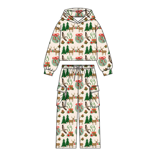 Preorder (moq 5)Baby Boys Trees Deer Ducks Hoodie Pockets Pants Christmas Hunting Clothes Sets