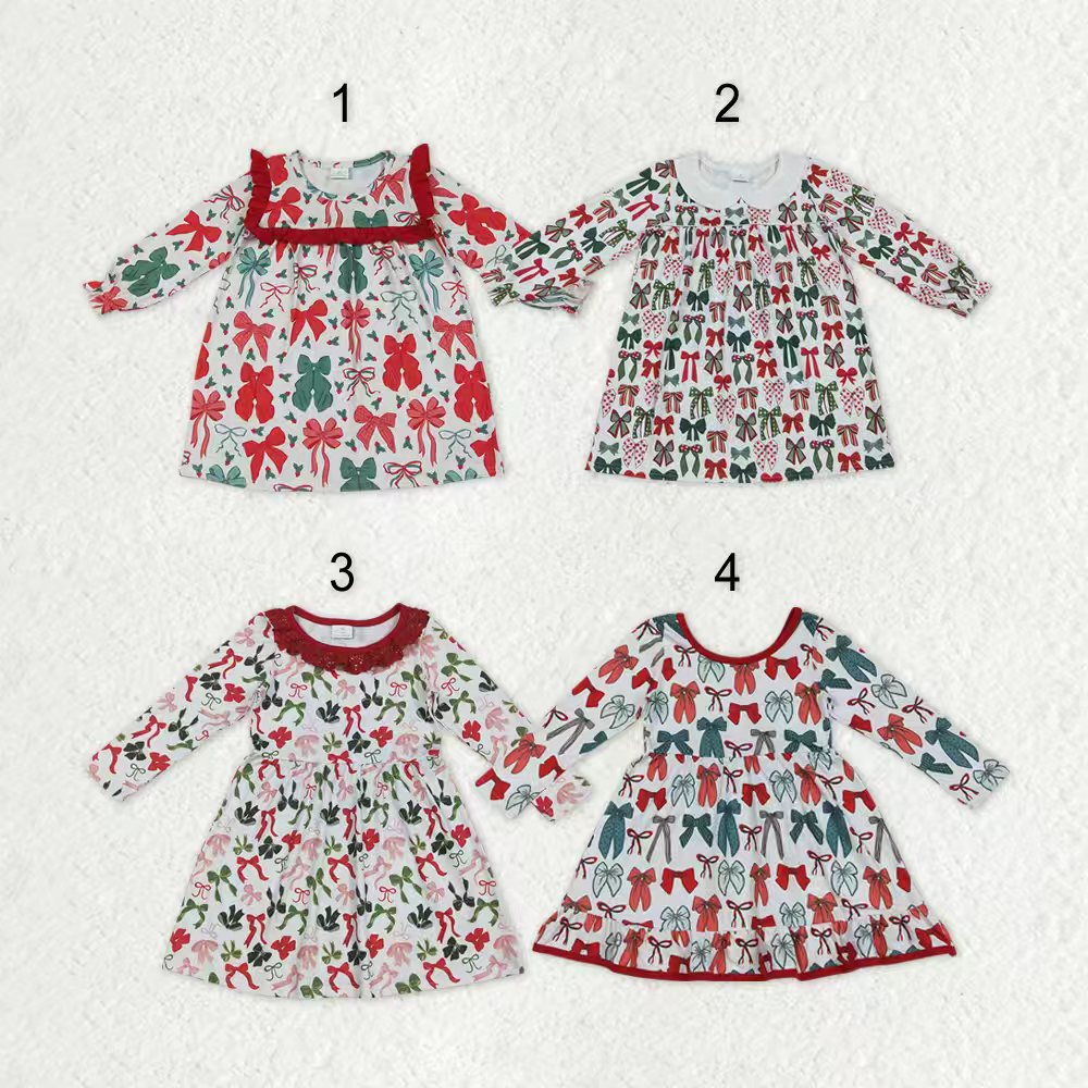Sibling Baby Girls Green Red Bows Long Sleeves Christmas Knee Length Dresses