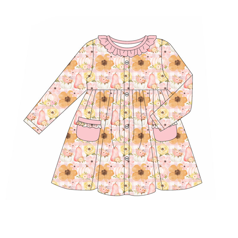 Preorder (moq 5)Baby Girls Long Ruffle Sleeves Flowers Pumpkins Pockets Button Knee Length Dresses