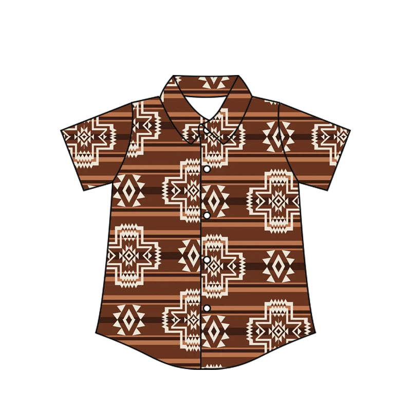 Preorder moq 10 Baby Boys Short Sleeves Brown Aztec Button Shirts Top