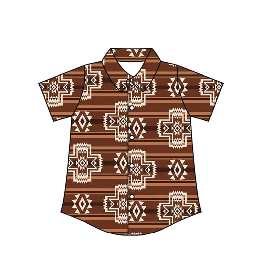 Preorder moq 10 Baby Boys Short Sleeves Brown Aztec Button Shirts Top