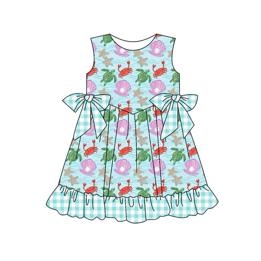 Preorder (moq 5)Baby Girls Sleeveless Sea World Bows Ruffle Knee Length Dress
