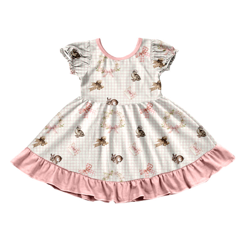 Preorder (moq 5) Baby Girl Clothes Easter Bunny Duck Bow Gingham Mixed Print Short Sleeve Ruffle Twirl Dress