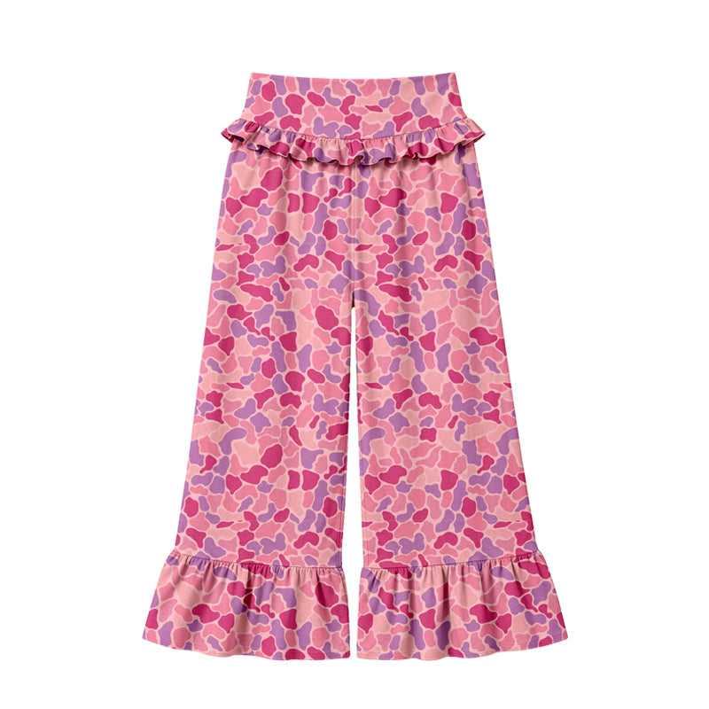 Preorder (moq 5) Women Clothes Pink Purple Camo Print High Waist Ruffle Hem Wide Leg Pants