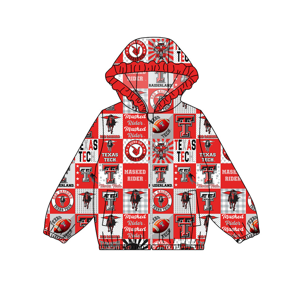 Preorder (moq 5)Baby Girls Texas Tech Footballs Red Team Ruffle Hooded Tops