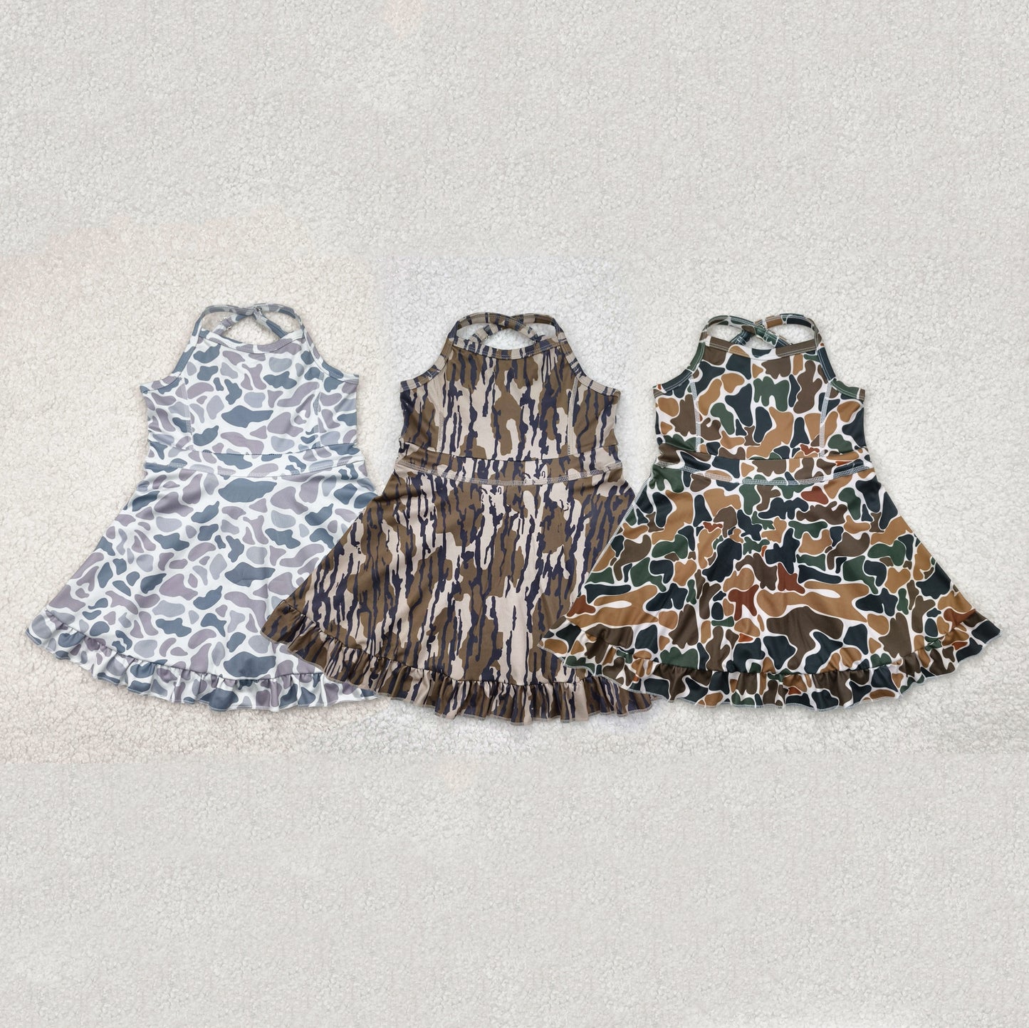 Sibling Baby Girls Strap Western Camo Print Yoga Activity Wear Ruffle Knee Length Dresses