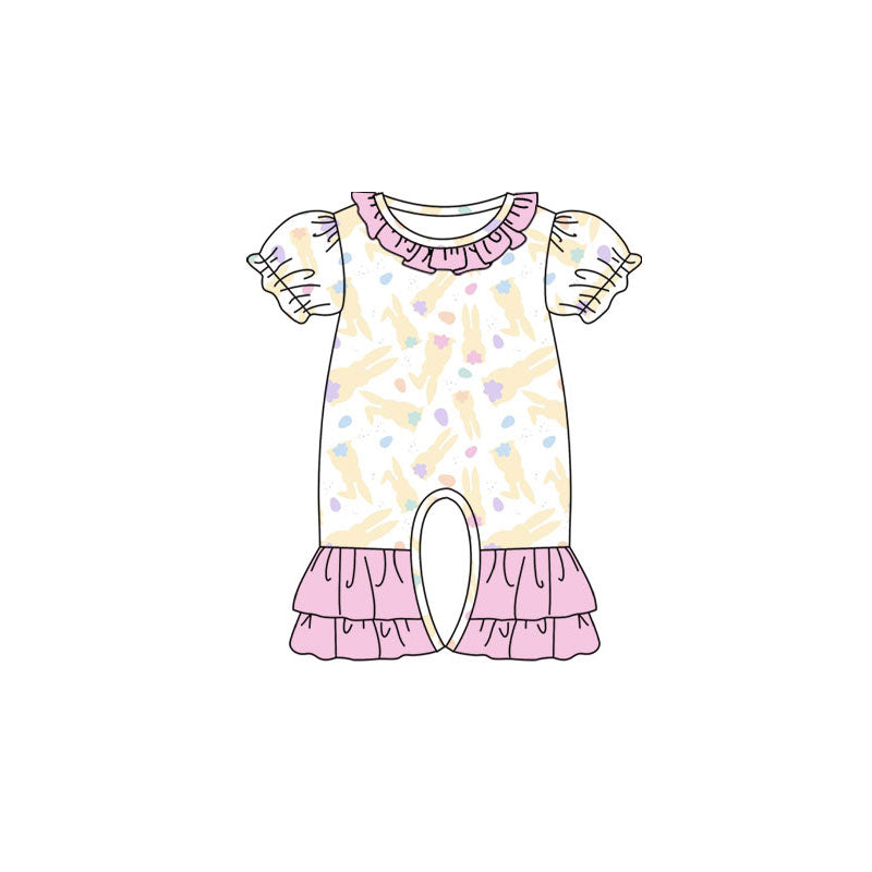 Preorder (moq 5)Baby Girls Yellow Rabbits Easter Ruffle Footie Rompers