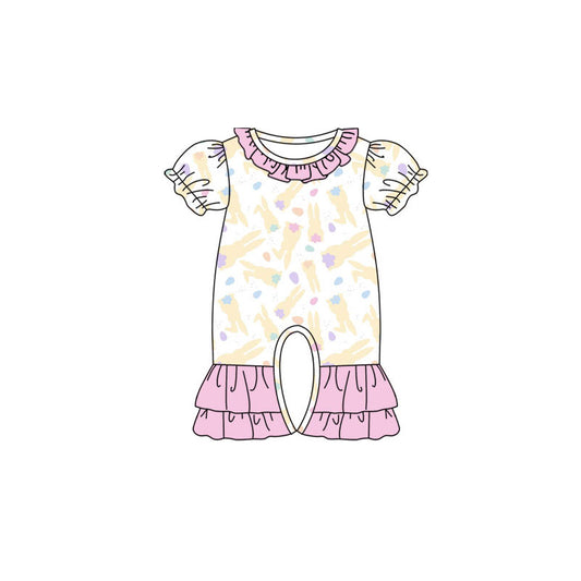 Preorder (moq 5)Baby Girls Yellow Rabbits Easter Ruffle Footie Rompers