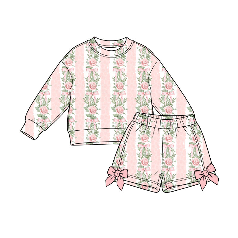 Preorder (moq 5) Baby Girl Clothes Pink Stripe Rose Floral Mixed Print Long Sleeve Sweatshirt Bow Short Set