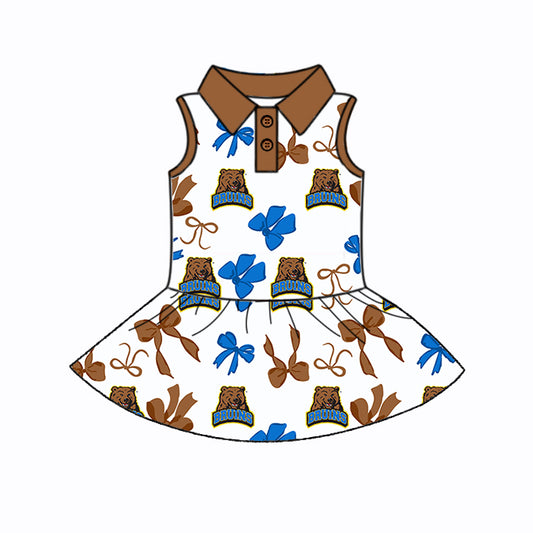 Preorder (moq 5)Baby Girls Brown Sleeveless Bows Plaid Bruins Button Team Knee Length Dresses