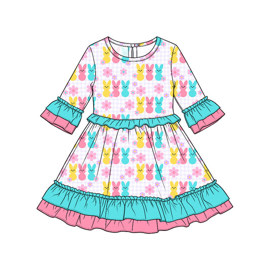 Preorder moq5  Girls’ Easter Bunny Floral Dress, Colorful Rabbit Print Ruffle-Trim Dress, Cute Spring Holiday Outfit