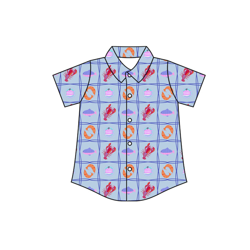 Preorder moq 5 Baby Boys Short Sleeve Crayfishes Fishing Button Shirts Top