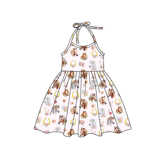 Preorder (moq 5)Baby Girls Pink Strap Horse Floral Knee Length Dresses