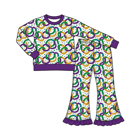 Preorder (moq 5) Baby Girl Clothes Mardi Gras Pretzel Ring Dot Mixed Print Long Sleeve Flare Pant Set