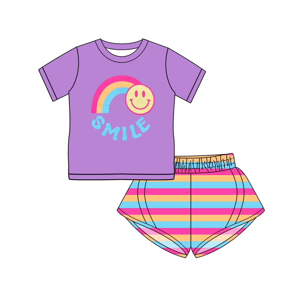 Preorder (moq 5)Baby Girls Purple Short Sleeves Smile Rainbow Top Stripe Yoga Short Set