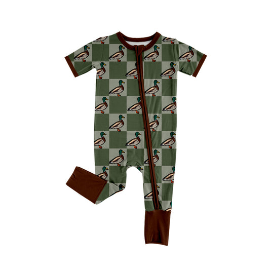 Preorder(moq 5)Baby Infant Boys Green Checkered Ducks Zip Rompers