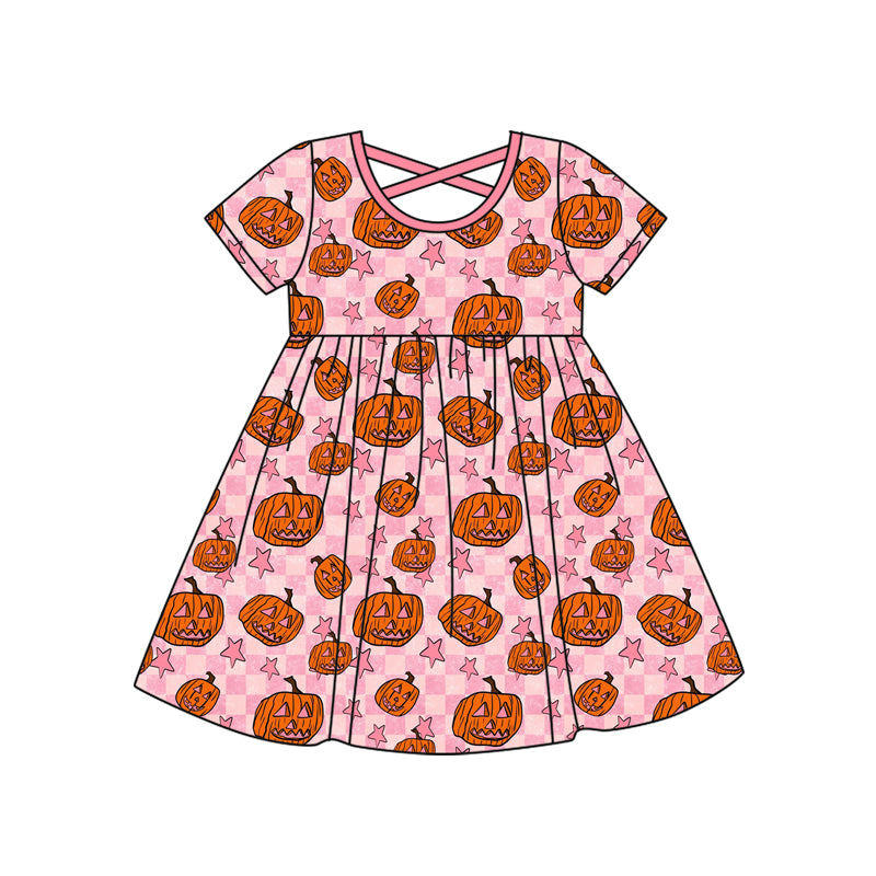 Preorder (moq 5)Baby Girls Pink Plaid Short Ruffle Sleeves Stars Pumpkins Knee Length Dresses