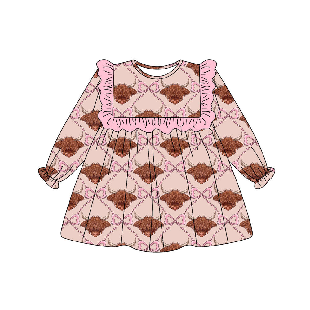 Preorder (moq 5)Baby Girls Highland Cows Bows Checked Western Knee Length Dress