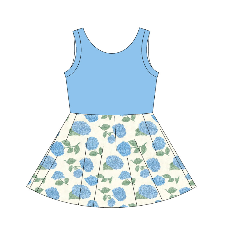 Preorder moq 10 Baby Girls Blue Sleeveless Top Flowers Patchwork Knee Length Dresses