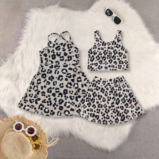 Sibling Baby Girls Brown Leopard Shorts Yoga Active Knee Length Dresses Set