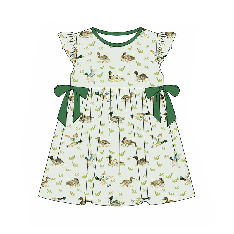 Preorder (moq 5)Baby Girls Green Mallard Ducks Hunting Knee Length Dresses