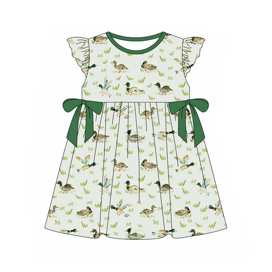 Preorder (moq 5)Baby Girls Green Mallard Ducks Hunting Knee Length Dresses