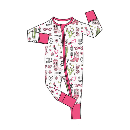 Preorder (moq 5)Baby Girls Howdy Boots Hearts Western Zipper Footie Rompers