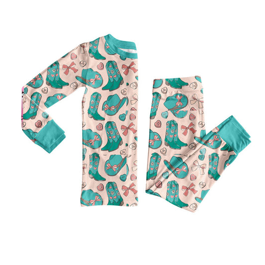Preorder(moq 8)Baby Girls Boots Hats Hearts Plaid Top Pants Western Pajamas Set