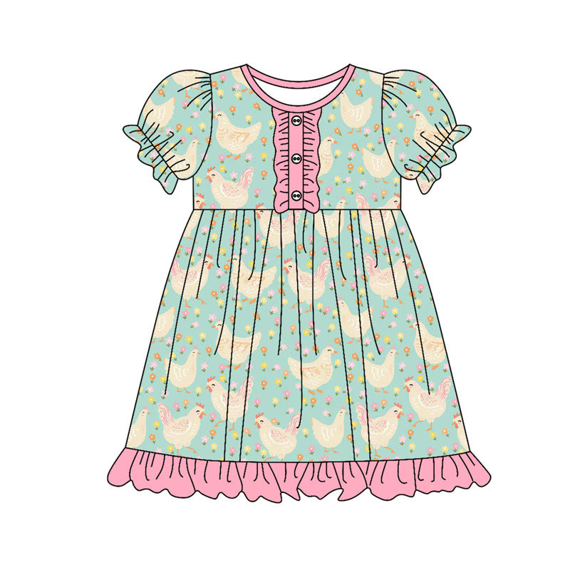 Preorder(moq 8)Baby Girls Flowers Chicks Farm Button Ruffle Knee Length Dresses