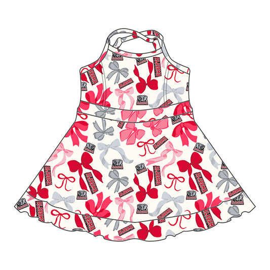 Preorder (moq 5)Baby Girls Strap Red Bows Alabama Plaid Shorts Team Knee Length Dresses