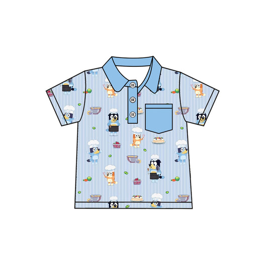 Preorder (moq 5)Baby Boys Blue Stripe Short Sleeves Button Pocket Cartoon Dogs Polo Shirts Top