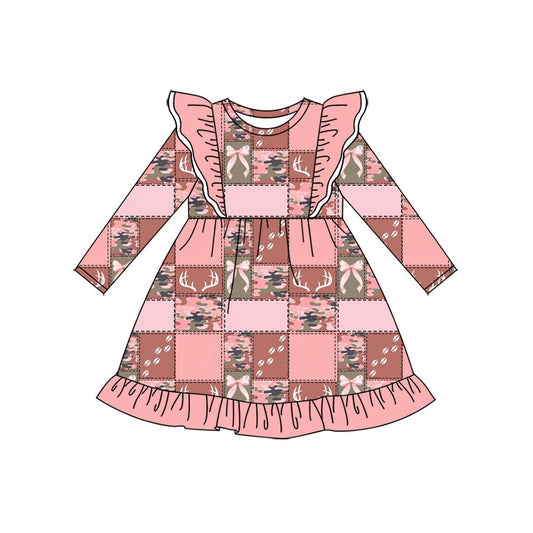 Preorder (moq 5)Baby Girls Camo Deer Bows Hunting Ruffle Knee Length Dresses