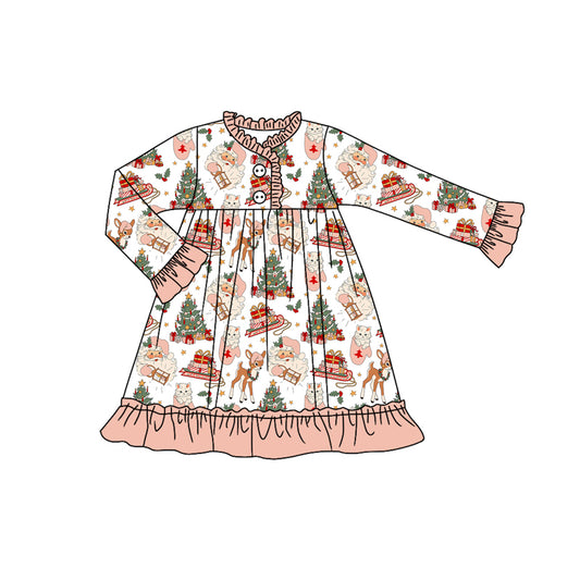 Preorder (moq 5)Baby Girls Long Ruffle Sleeves Santa Deer Trees Button Knee Length Dresses