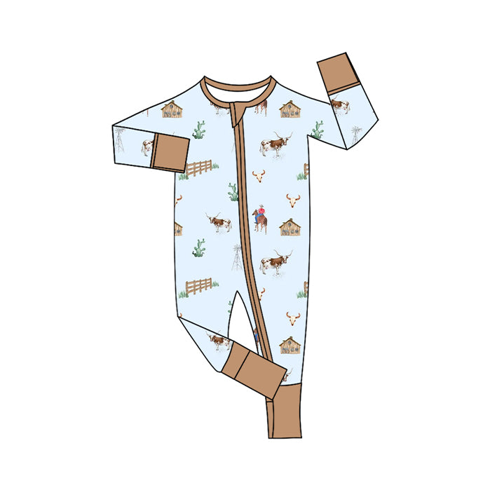Preorder (moq 20)Baby Boys Bamboo Cactus Bull Skulls Western Two Way Zip Convertible Rompers
