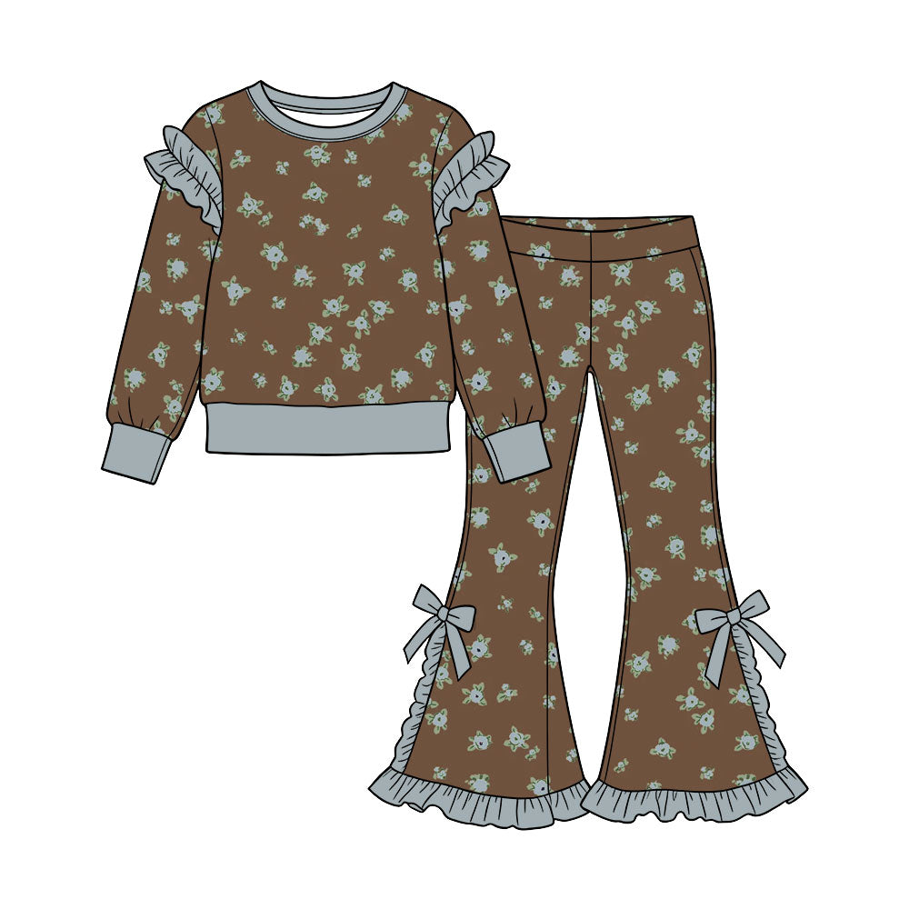 Preorder (moq 5) Baby Girl Clothes Dark Brown Small Floral Allover Print Long Sleeve Ruffle Flare Pant Set