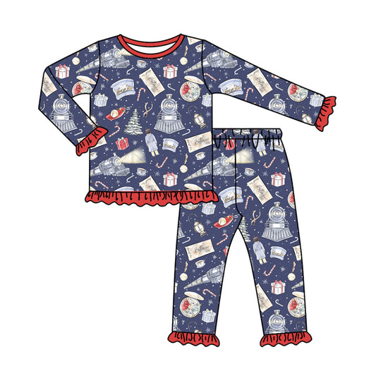 Preorder (moq 5)Baby Girls Gifts Candy Cane Christmas Top Ruffle Pants Christmas Pajamas Set