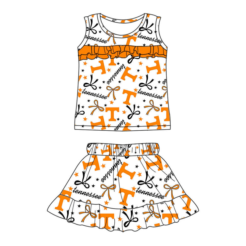 Preorder (moq 5)Baby Girls Sleeveless Orange T Bows Stars Top Ruffle Skorts Team Set
