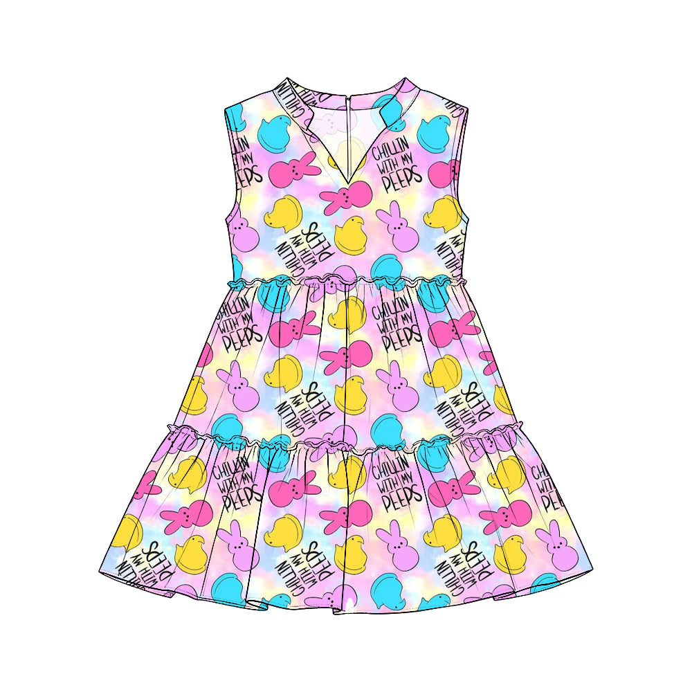 Preorder (moq 5) Girls Easter Colorful Bunny With Duck Print Sleeveless Tiered Dresses, Festive Holiday Outfit