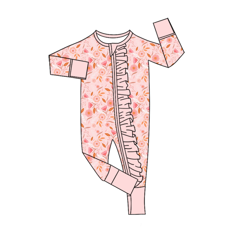 Preorder (moq 5)Baby Girls Colorful Flowers Two Way Ruffle Zip Convertible Rompers
