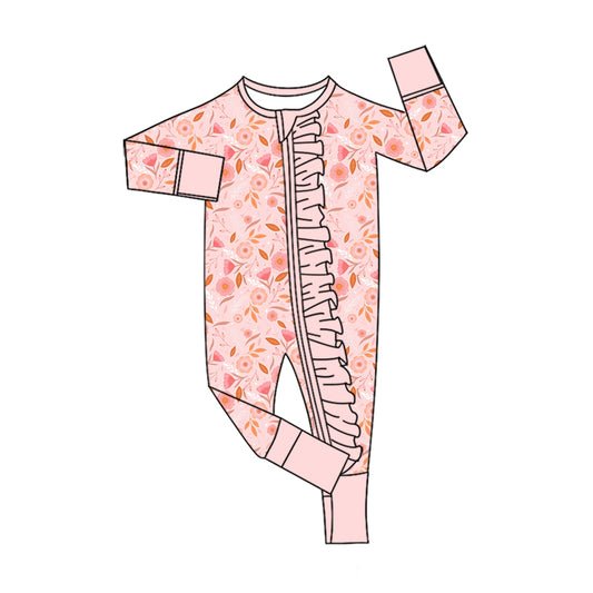 Preorder (moq 5)Baby Girls Colorful Flowers Two Way Ruffle Zip Convertible Rompers