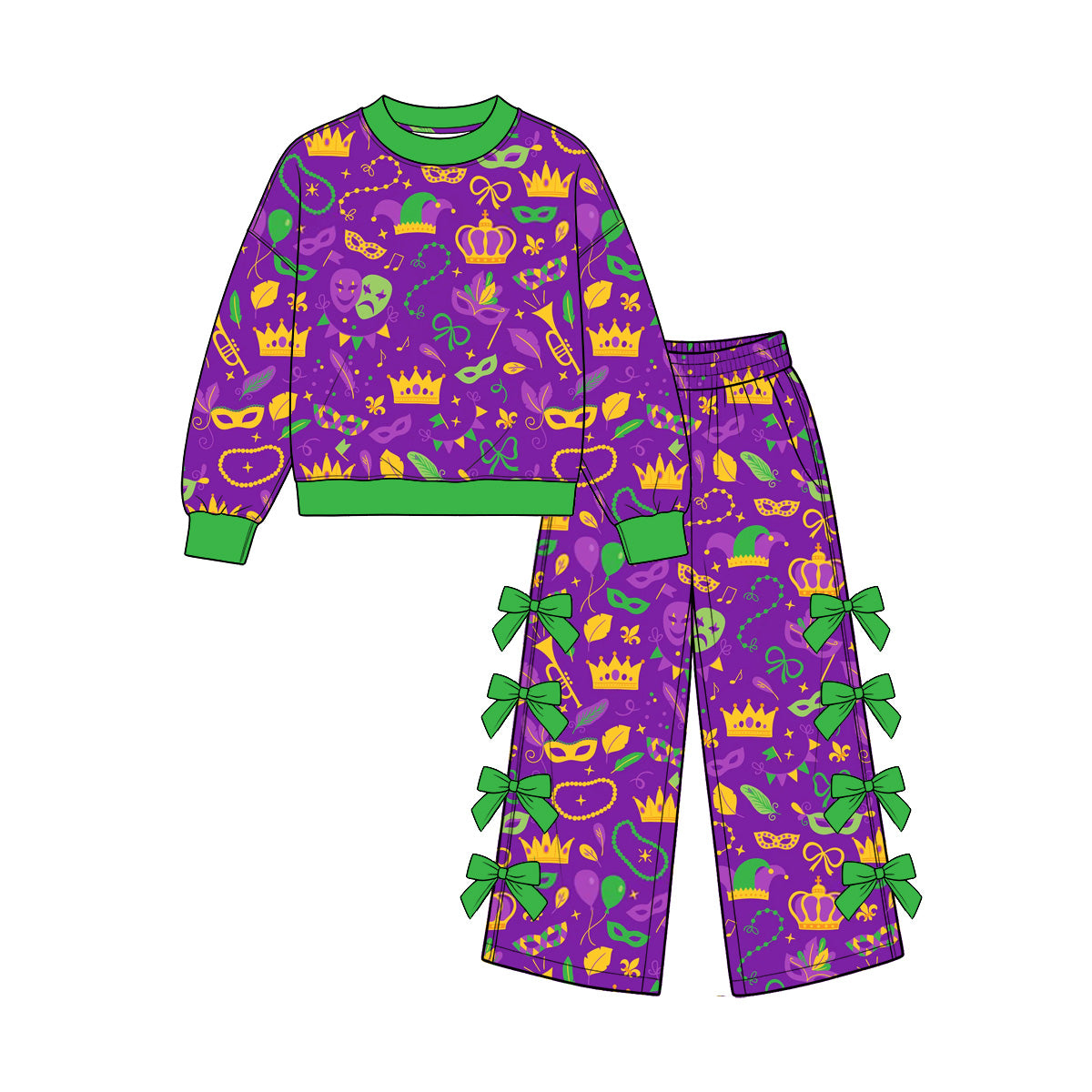 Preorder (moq5) Baby Girls Mardigras Masks Top Bows Pockets Flare Pant Clothes Set
