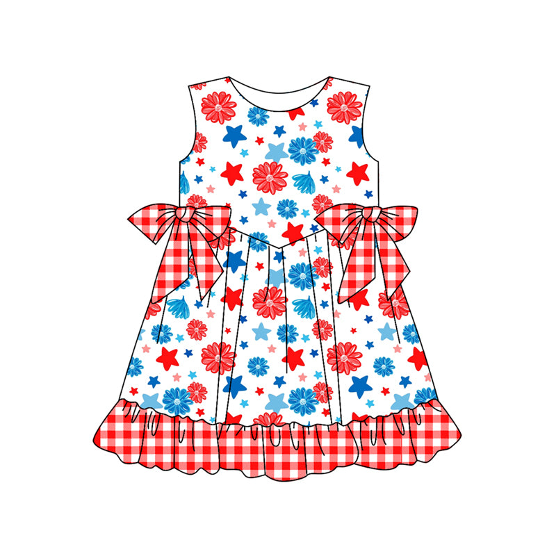Preorder (moq 5)Baby Girls 4th Of July Stars Flowers Bows Knee Length Dresses