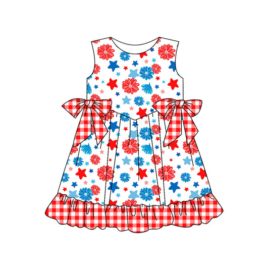 Preorder (moq 5)Baby Girls 4th Of July Stars Flowers Bows Knee Length Dresses