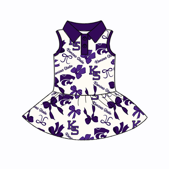 Preorder (moq 5)Baby Girls Purple Sleeveless Bows Plaid KS Button Team Knee Length Dresses