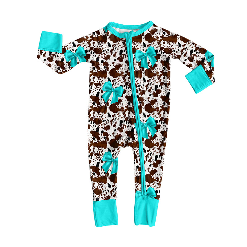 preorder(moq 5)Baby Infant Boys Long Sleeves Cow Print Bows Zipper Rompers