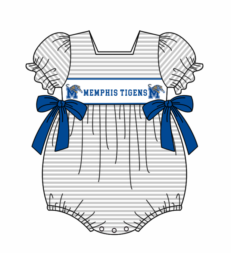 Preorder (moq 5)Baby Girls Memphis Tigers Bows Stripe Ream Ruffle Rompers