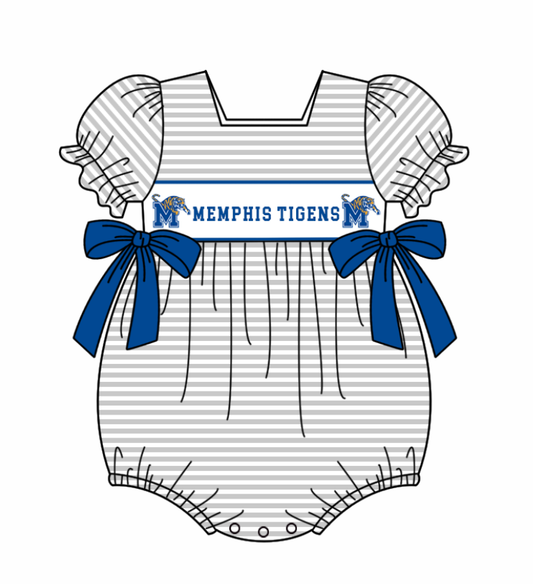 Preorder (moq 5)Baby Girls Memphis Tigers Bows Stripe Ream Ruffle Rompers